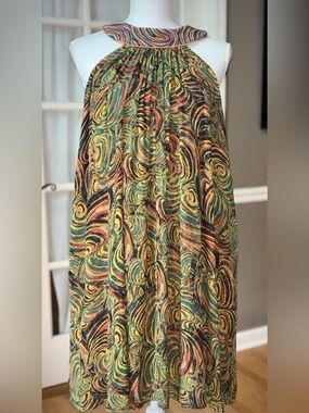 Catherine Malandrino Abstract Swirl Halter Swing Dress Artsy Resort L XL